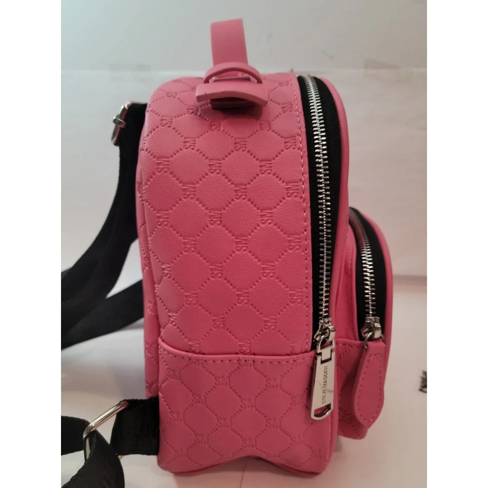 Steve‎ Madden Mini Backpack Women Pink Quilted Monogram Logo Embossed Small Bag
